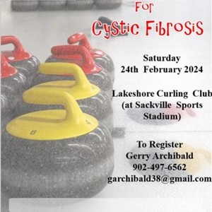 a poster with curling sport gear in red and yellow with writing on the date and event