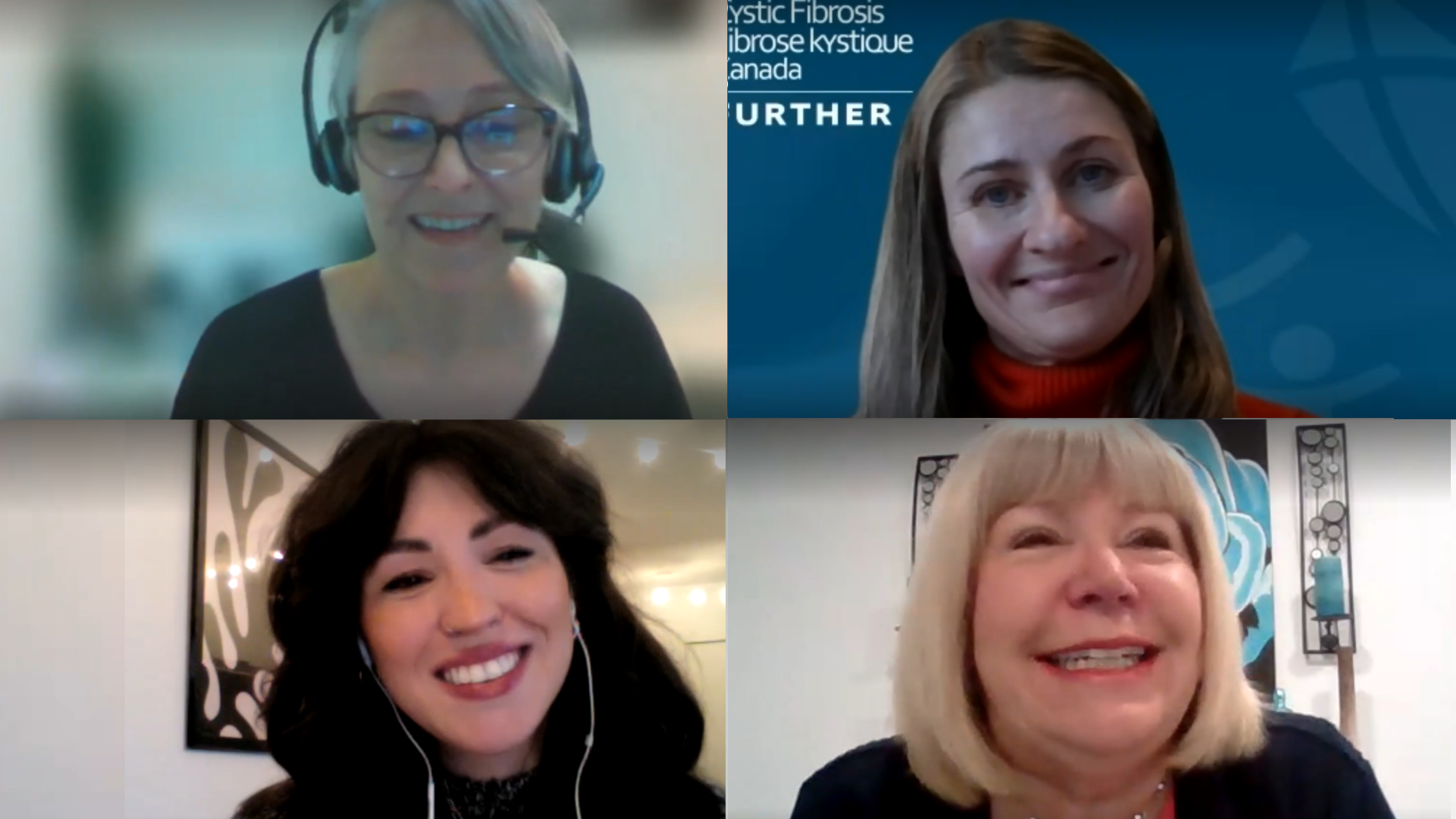 Pat MacDiarmid, Jana Kocourek, Trina Atchison et Marjorie Jorgenson sourient dans des captures d'écran pendant le webinaire sur la santé mentale et la fibrose kystique.